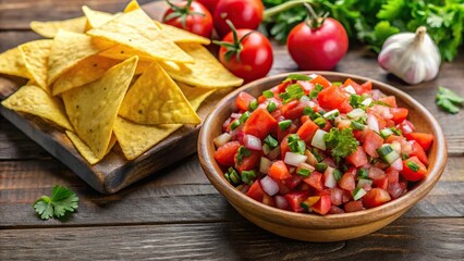 Fresh homemade pico de gallo with corn chips reflected in mirror
