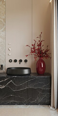 Modern bathroom interior design with black marble and red berries   A luxurious and stylish bathroom   