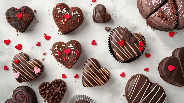 Delicious heart shaped chocolate cakes with various toppings