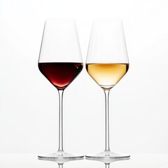 Elegant Wine Glasses Featuring Deep Red and Light White Wines on a White Background