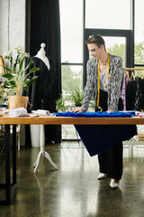 In a modern studio, a gender fluid fashion designer meticulously crafts colorful designs with flair.
