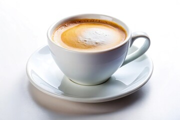 Fresh hot coffee in white cup on white background macro