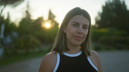 A beautiful young hispanic woman outdoors at sunset in puglia, italy, stands in front of a picturesque villa amidst lush greenery, exuding an aura of serenity and elegance.