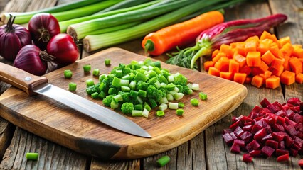 Fresh ingredients being chopped on a cutting board with a knife, selective focus background
