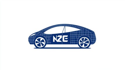 Net Zero logo with electric car and renewable energy symbols, symbolizing sustainability, isolated on white
