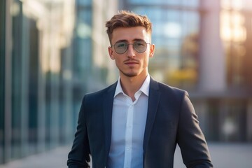 Fototapeta premium A man dressed in a stylish suit exudes confidence with a professional pose and cool sunglasses. He is standing in front of a contemporary business center during daylight, embodying a modern profession
