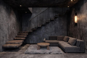 Modern industrial loft living room with concrete walls, wooden stairs, and cozy furniture. space features dark color palette, creating stylish and inviting atmosphere