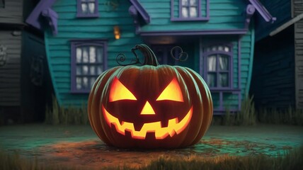 Fototapeta premium Halloween background with pumpkins and haunted house - 3D render. Halloween background with Evil Pumpkin. Spooky scary dark Night forrest. 