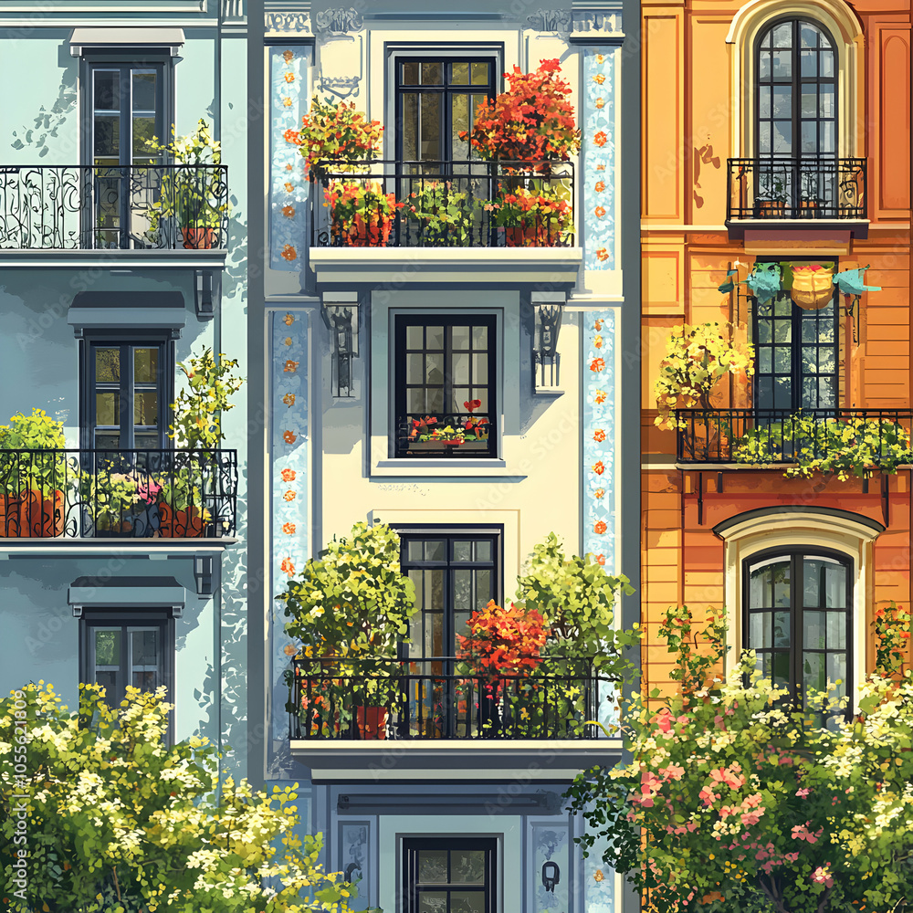 Poster charming row of three distinct homes with unique architectural styles in a serene neighborhood setti