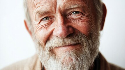 Older man with light beard, kind eyes, and gentle smile, showing warmth and friendliness, isolated on white
