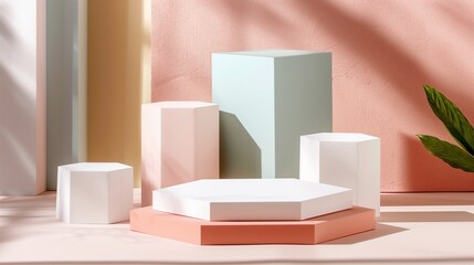 Soft Colored Geometric Podiums Above Floor for Various Product Display