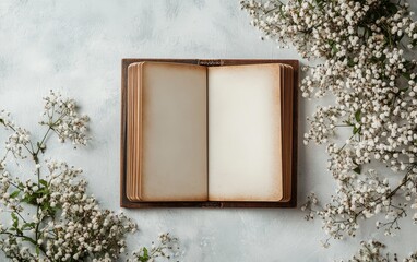 An open book surrounded by delicate white flowers on a textured surface, evoking a serene atmosphere.