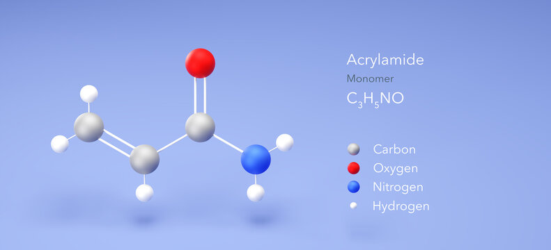 acrylamide molecule, molecular structure, monomer, 3d model, Structural Chemical Formula and Atoms with Color Coding