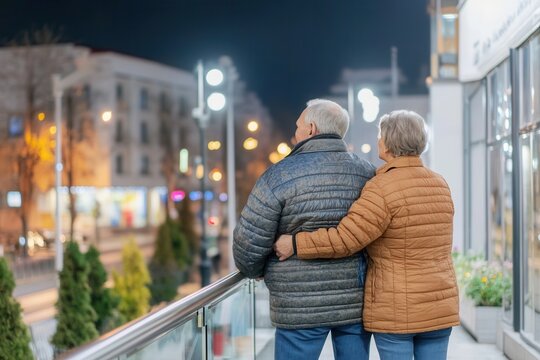 An elderly couple stands close together on a balcony, gazing at a vibrant city panorama illuminated by streetlights. The warm filter enhances the romantic atmosphere of their shared moment at night.