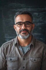 Obraz premium Man with Glasses and Beard at Blackboard