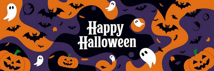 Orange and black Halloween themed pumpkins  bats and ghosts on a purple and black background  Happy Halloween   