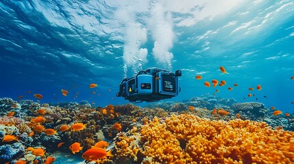 Underwater view of a vast coral reef with blue-hued, eco-friendly machinery designed to monitor and protect ocean life, surrounded by vibrant fish species