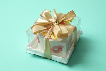 Colorful packaged cake on a colored background