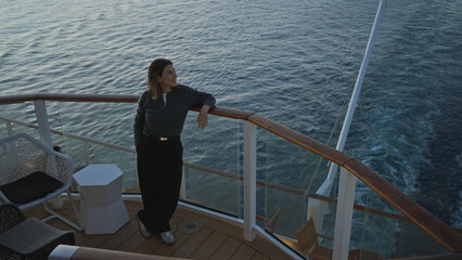 Fototapeta premium Woman relaxing on a cruise ship deck with a stunning ocean view, enjoying the serene atmosphere outdoors while docked.