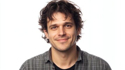 Obraz premium Portrait of a man with medium-length dark hair, soft smile, and friendly demeanor, looking directly forward, isolated on white