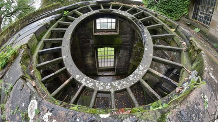 Moss-covered stone structure with circular metal grate reveals glimpses of greenery through aged windows surrounded by vibrant foliage