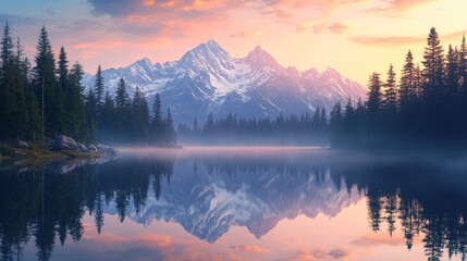 Fototapeta premium A serene high-resolution landscape of a calm mountain lake surrounded by towering pine forests. Snow-capped peaks reflect perfectly on the mirror-like water surface under a pastel-colored dawn sky.