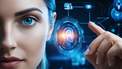 Portrait of a young woman analyzing virtual AI interface technology, surrounded by glowing blue and orange data displays