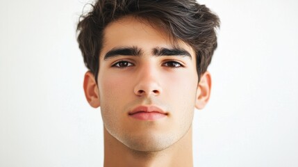 Fototapeta premium Portrait of a young man with dark hair and a focused expression, giving a professional vibe, isolated on white