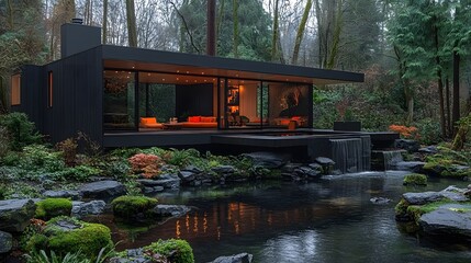 Minimalist tiny house with a Japanese zen garden creating a tranquil outdoor space