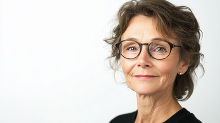 Fototapeta premium Portrait of an older woman with a soft smile, wearing glasses, showing calm and wisdom, isolated on white