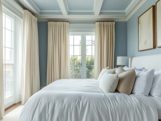 Pastel-colored walls, white bedding, and abstract art