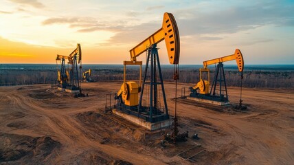 Fototapeta premium Aerial view of an oil field with multiple pump jacks dotting the landscape, extracting crude oil oil field, pump jacks, extraction site