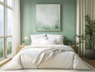 Pastel-colored walls, white bedding, and abstract art
