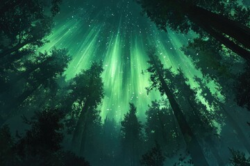 Obraz premium Mystical Green Forest with Glowing Lights and Falling Snow