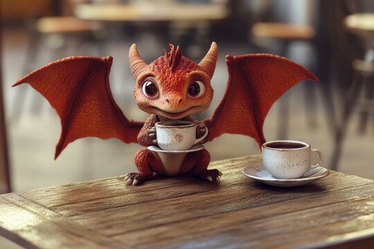 A Red Dragon Enjoying a Cup of Coffee in a Cafe