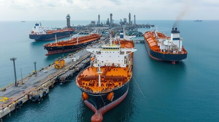 Fototapeta premium Aerial view of oil tankers docked at a coastal port, transferring crude oil to storage tanks oil tankers, coastal port, global industry