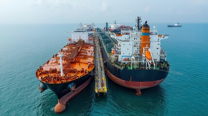 Aerial view of oil tankers docked at a coastal port, transferring crude oil to storage tanks   oil tankers, coastal port, global industry