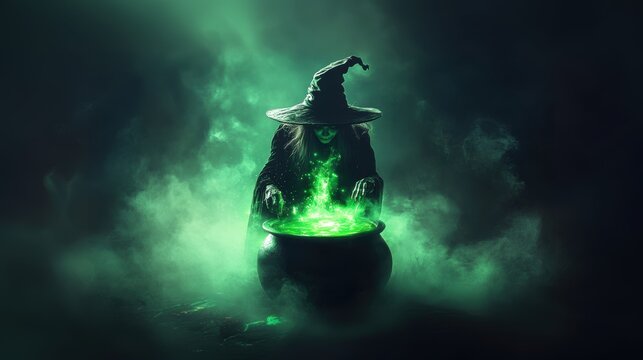 A witch is making potion behind a Cauldron. Creepy. Witchcraft. Halloween.