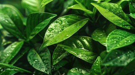 Fototapeta premium Close-up of Green Leaves with Dew Drops