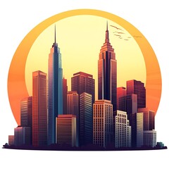 Obraz premium Cartoon city skyline with skyscrapers and a sunset backdrop on a white background.