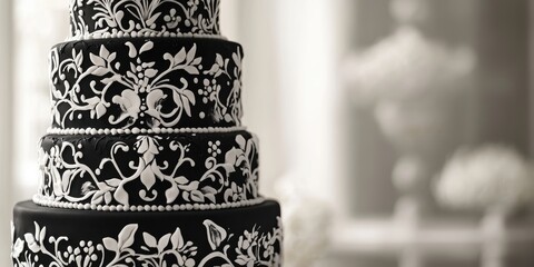 Black wedding cake with white floral design.