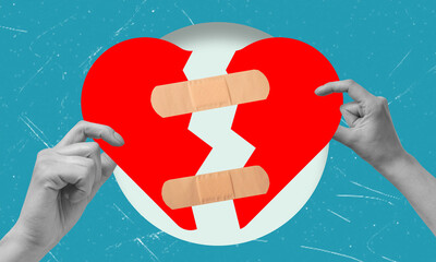 Contemporary art art collage featuring hands gingerly trying to glue a broken heart with care.