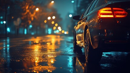Car Parked on a Wet Street at Night with City Lights Reflecting in Puddles