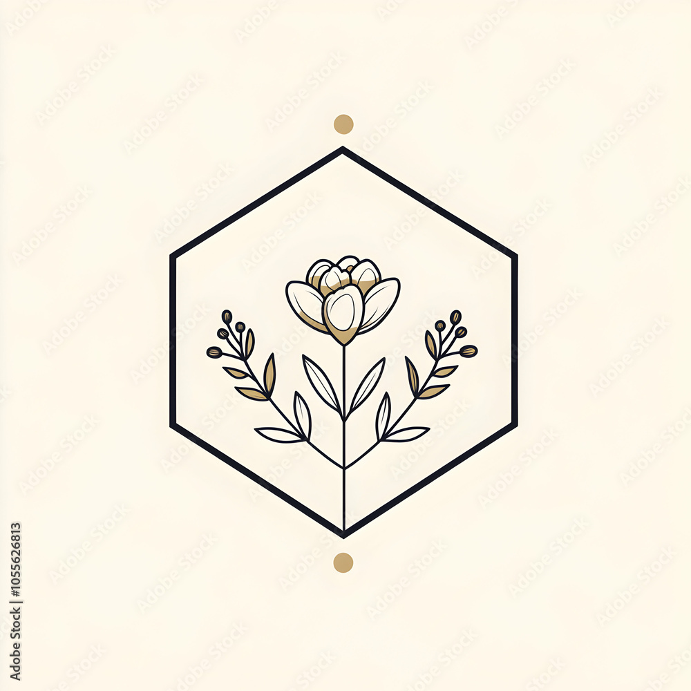 Poster minimalist line art logo encased in hexagon shape, modern design element for branding and creative p