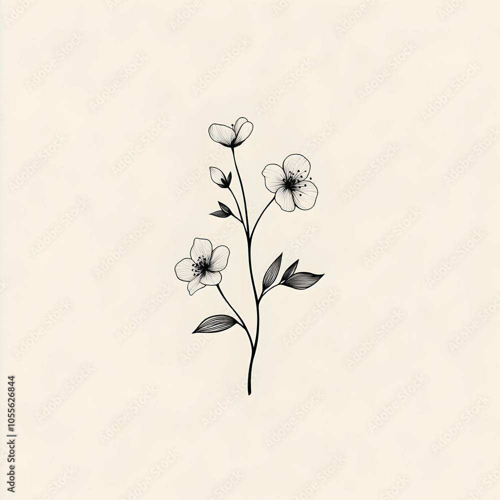 Poster minimalist logo design featuring delicate floral branch with elegant lines and soft color palette