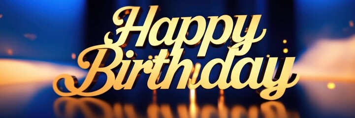 Luxury Happy Birthday text in metallic gold script set against a deep blue background with warm light reflections, creating an elegant and luxurious celebratory feel