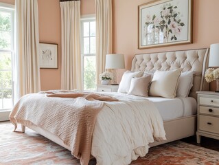 Peach walls combined with clean, modern furnishings and neutral textiles make this bedroom warm and inviting