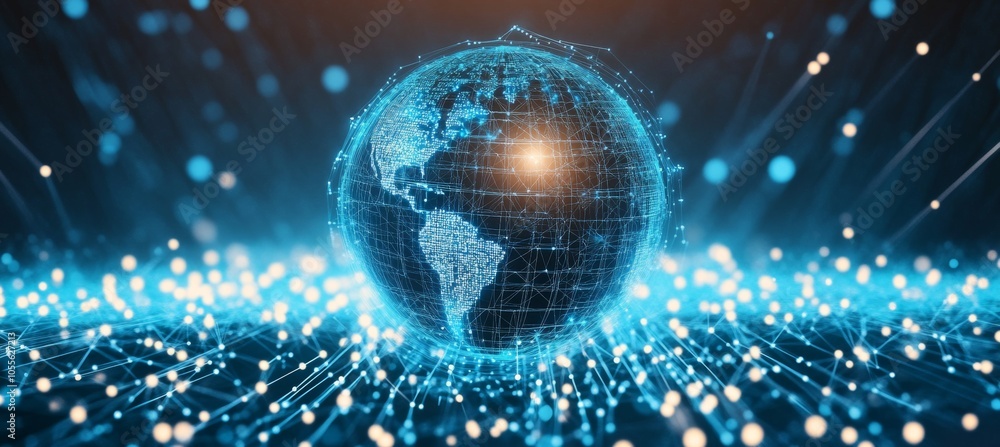 Poster glowing globe with network connections, representing global communication and technology