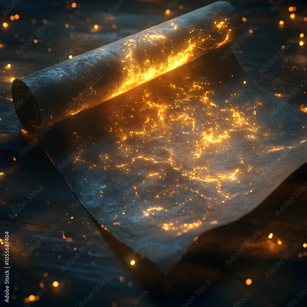 Poster unrolled mystical scroll with blank surface and golden accents on rustic background