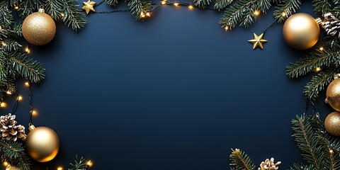 Festive border with gold Christmas decorations and lights